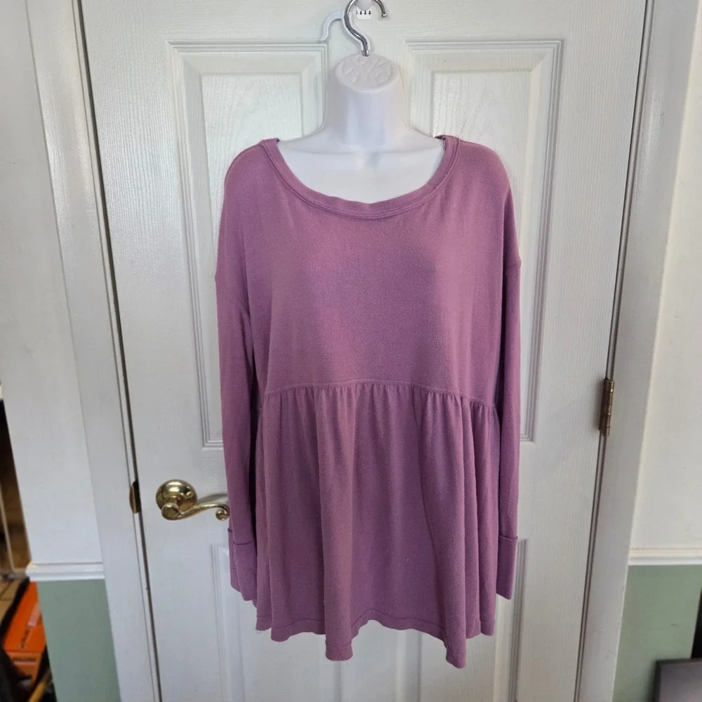 Free People L Lavender Babydoll Knit Long Sleeve‎ Crew Neck Sweater Minimalist